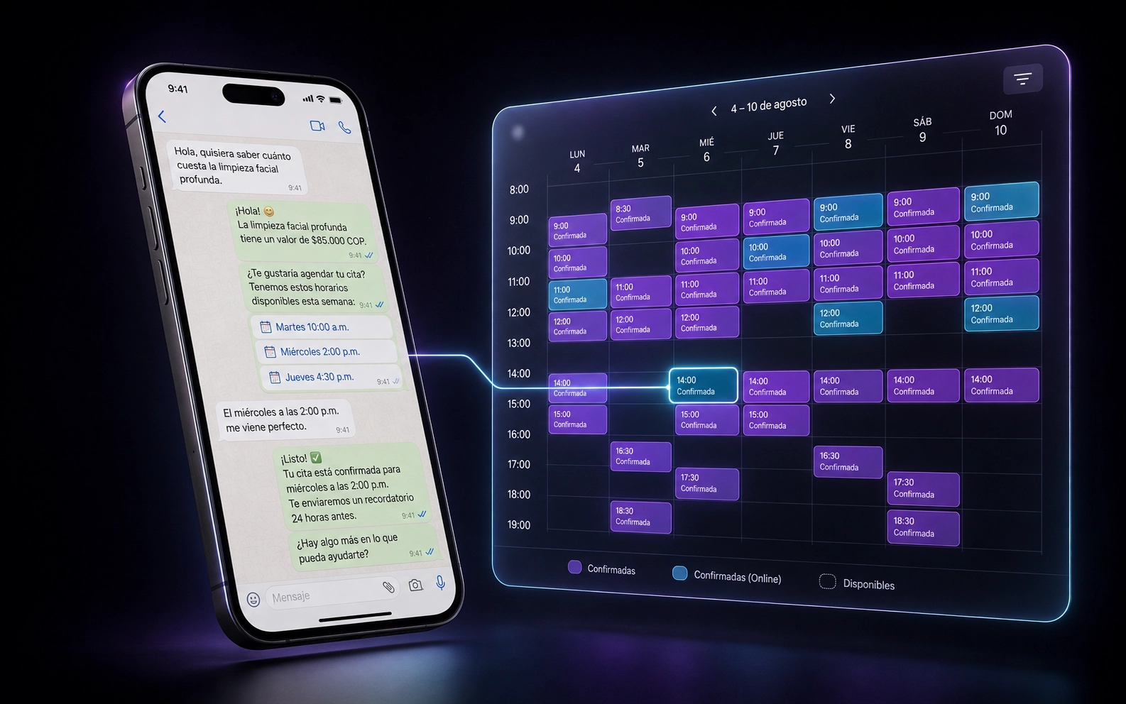 Conversación de WhatsApp atendida por la IA de Citas360 junto a una agenda semanal llena de citas confirmadas